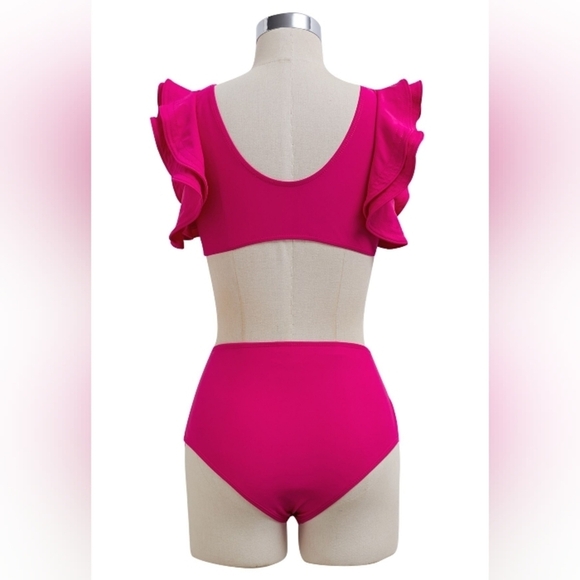 V-SHAPE METAL TRIM RUFFLE BIKINI SET IN HOT PINK - Picture 9 of 9
